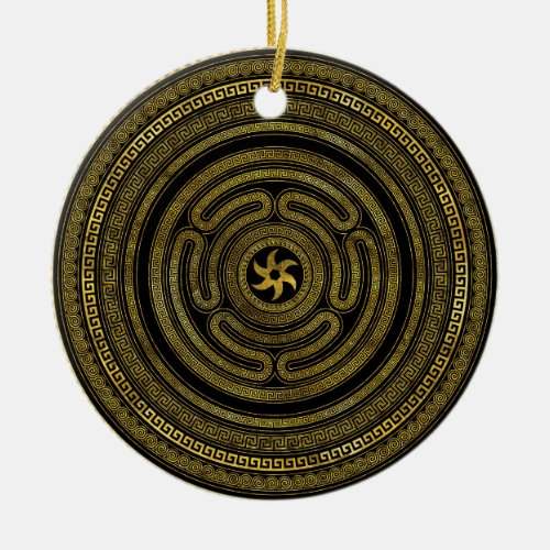 Wheel of Hecate Greek Key Black and Gold Ceramic Ornament