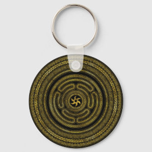 Wheel of Hecate Greek Key Black and Gold Keychain