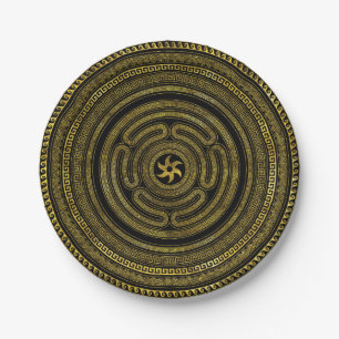 Wheel of Hecate Greek Key Black and Gold Paper Plates