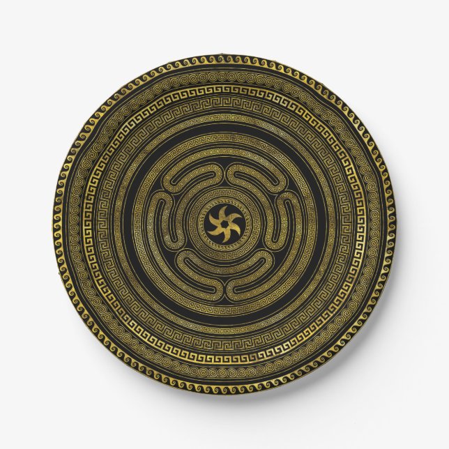 Wheel of Hecate Greek Key Black and Gold Paper Plates (Front)
