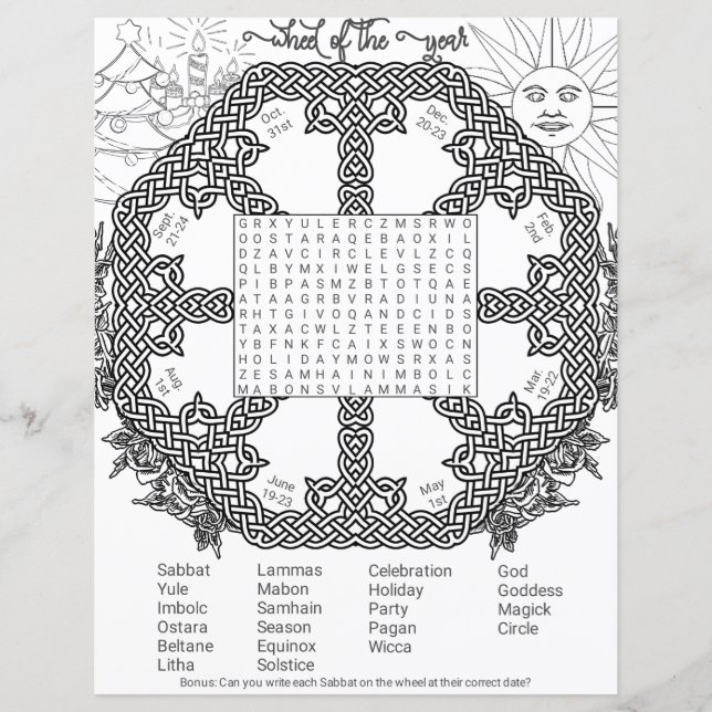 Wheel of the Year Wicca Pagan Word Search Page (Front)