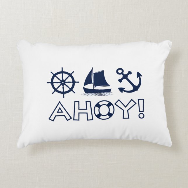 Wheel Sailboat Anchor Ahoy! Dark Blue Accent Pillow (Front)