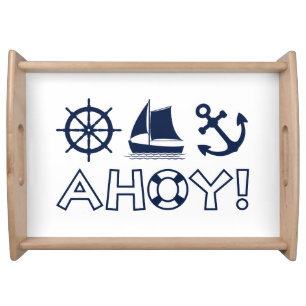 Wheel Sailboat Anchor Ahoy! Dark Blue Serving Tray