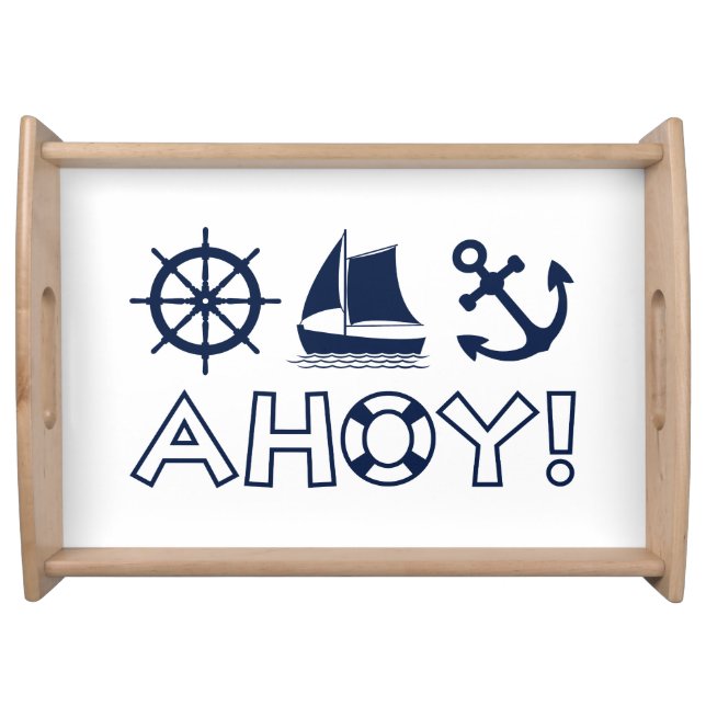 Wheel Sailboat Anchor Ahoy! Dark Blue Serving Tray (Front)