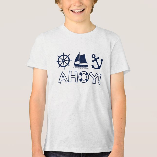 Wheel Sailboat Anchor Ahoy! Dark Blue Tri-Blend Shirt (Front)