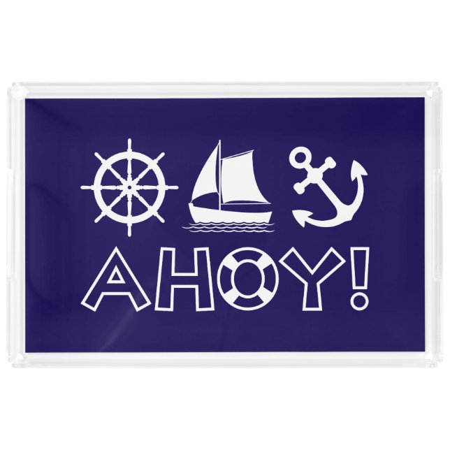 Wheel Sailboat Anchor Ahoy! White Acrylic Tray (Front)