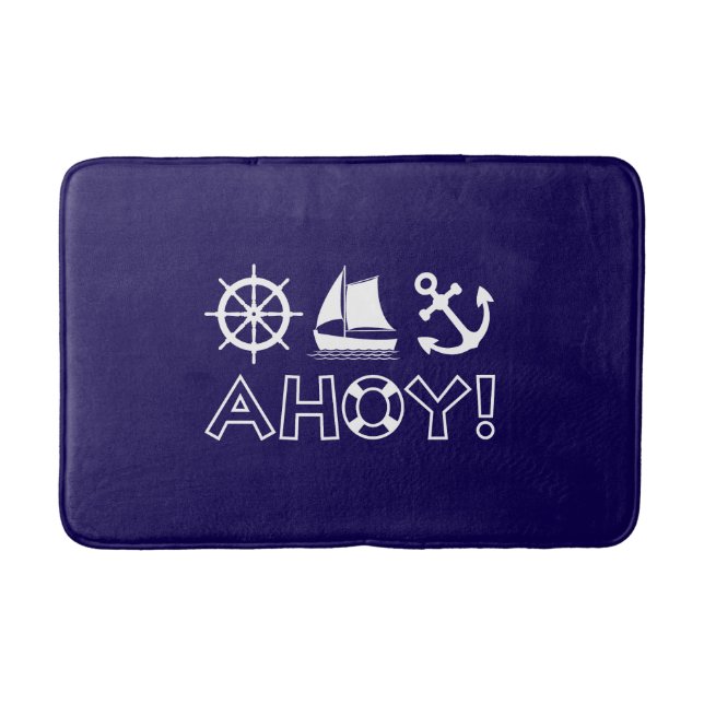 Wheel Sailboat Anchor Ahoy! White Bath Mat (Front)