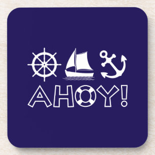 Wheel Sailboat Anchor Ahoy! White Beverage Coaster
