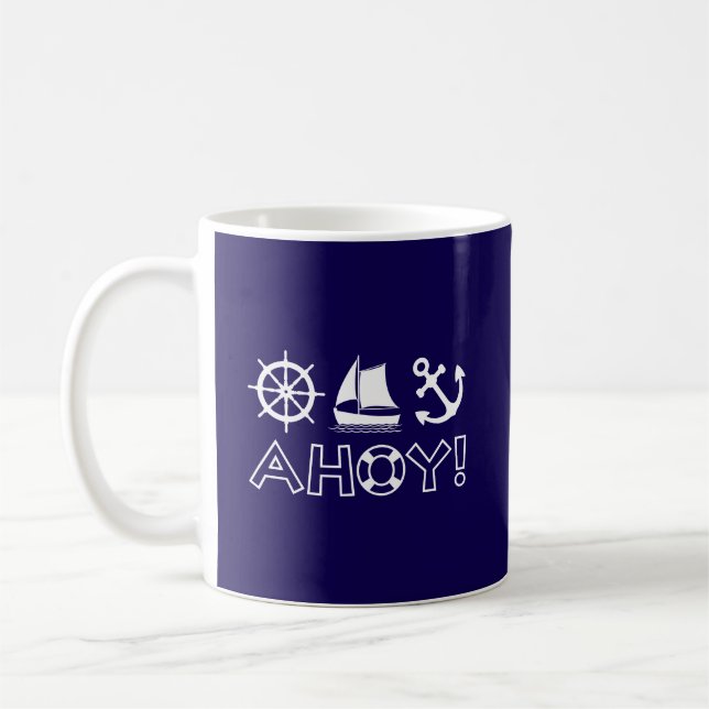 Wheel Sailboat Anchor Ahoy! White Coffee Mug (Left)