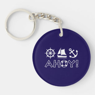 Wheel Sailboat Anchor Ahoy! White Keychain