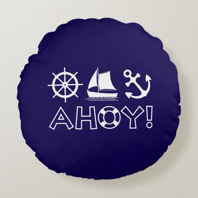 Wheel Sailboat Anchor Ahoy! White Round Pillow (Front)