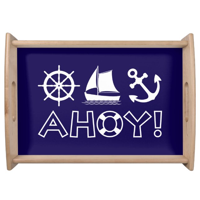 Wheel Sailboat Anchor Ahoy! White Serving Tray (Front)