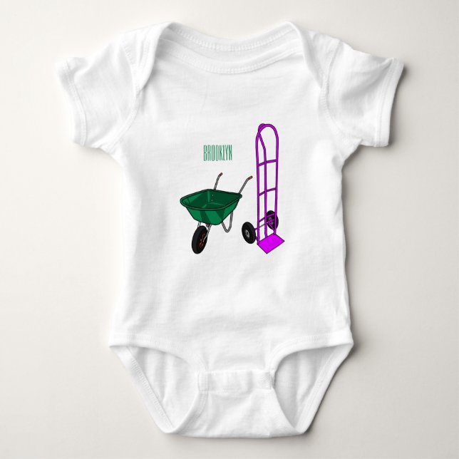 Wheelbarrow & hand trolley cartoon illustration baby bodysuit (Front)
