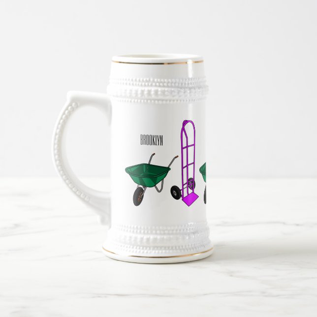 Wheelbarrow & hand trolley cartoon illustration beer stein (Left)