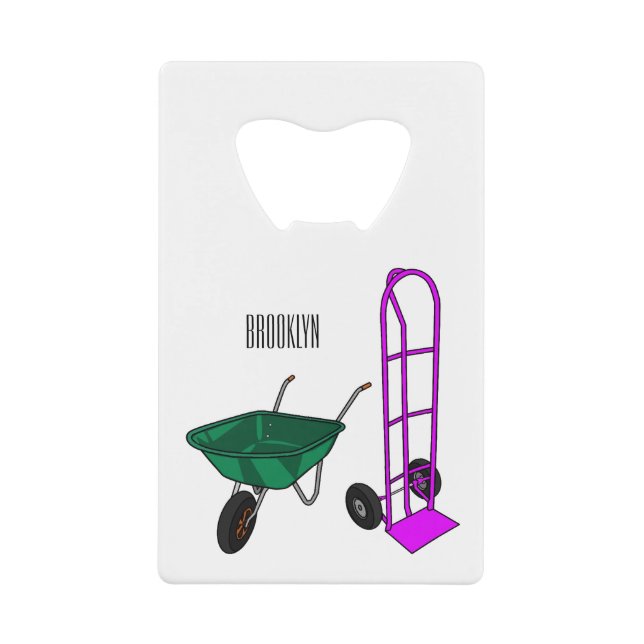 Wheelbarrow & hand trolley cartoon illustration credit card bottle opener (Front)