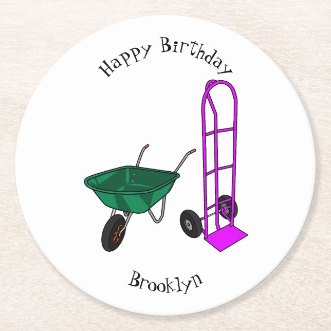 Wheelbarrow & hand trolley cartoon illustration round paper coaster (Front)