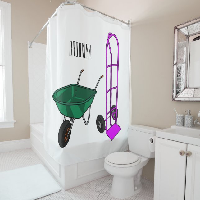Wheelbarrow & hand trolley cartoon illustration shower curtain (In Situ)