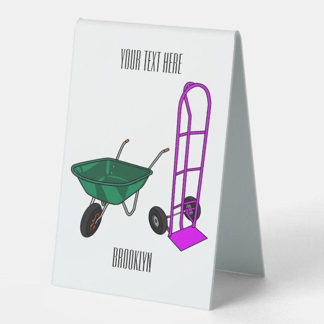 Wheelbarrow & hand trolley cartoon illustration table tent (Front)