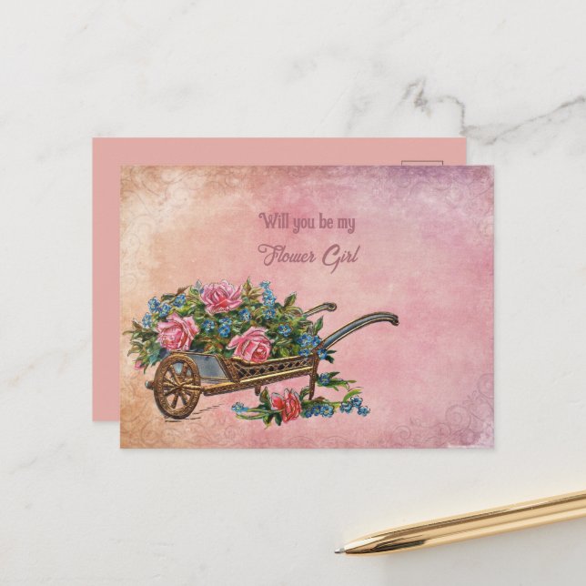 Wheelbarrow Of Pink Roses Flower Girl Announcement Postcard (Front/Back In Situ)