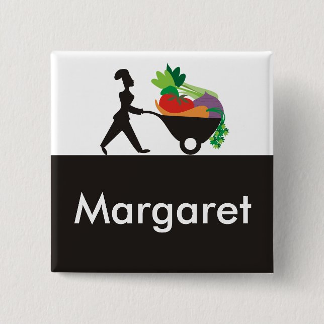 wheelbarrow woman chef giant vegetables name ta... pinback button (Front)
