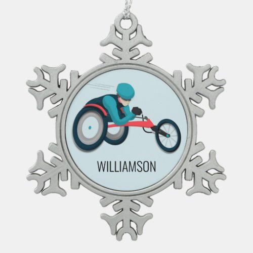 Wheelchair Racing Snowflake Pewter Christmas Ornament