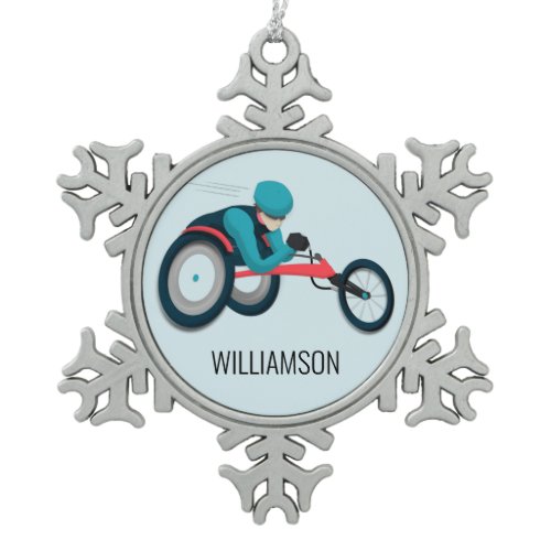 Wheelchair Racing Snowflake Pewter Christmas Ornament