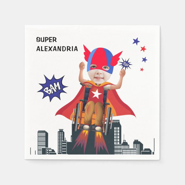 Wheelchair Superhero Flying Hero Girl Birthday Napkins (Front)