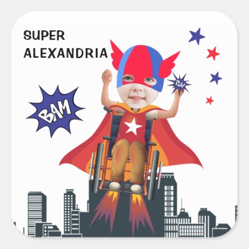 Wheelchair Superhero Flying Hero Girl Birthday Square Sticker