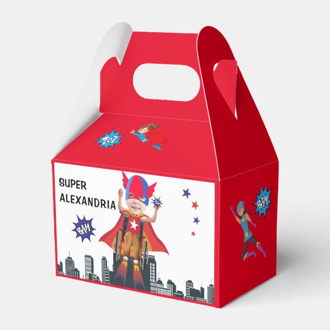 Wheelchair Superhero Girl Flying Hero Birthday Favor Boxes (Front Side)