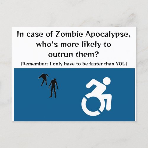 Wheelchair user escapes in Zombie Apocalypse Postcard