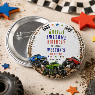 Wheelie Awesome Monster Truck 4Th Birthday boy Button