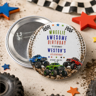 Wheelie Awesome Monster Truck 4Th Birthday boy Button