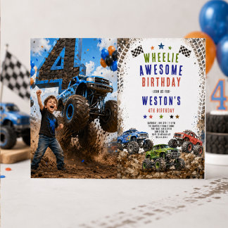Wheelie Awesome Monster Truck 4Th Birthday boy Invitation