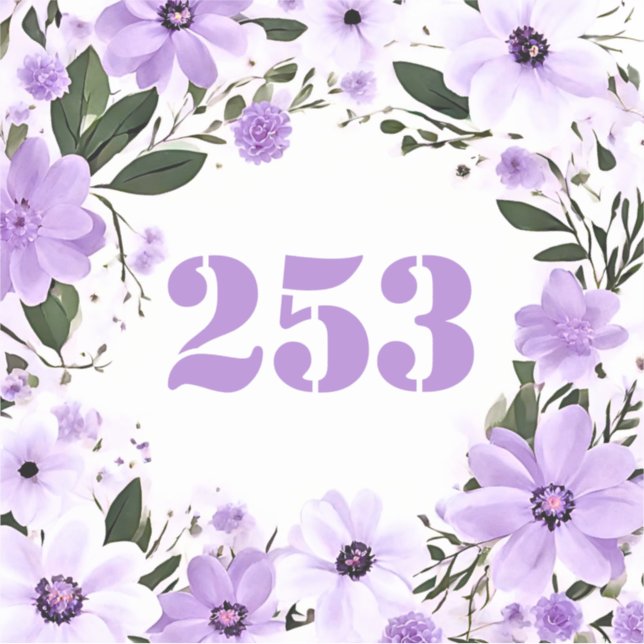 Wheelie Bin Door Number Purple And Lilac Flowers Sticker (Front)