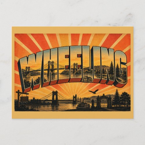 Wheeling WV Suspension Bridge Ohio River Art Postcard