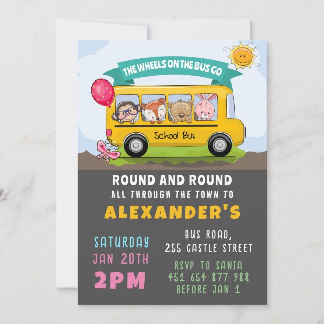 Wheels on the Bus Birthday  Invitation (Front)