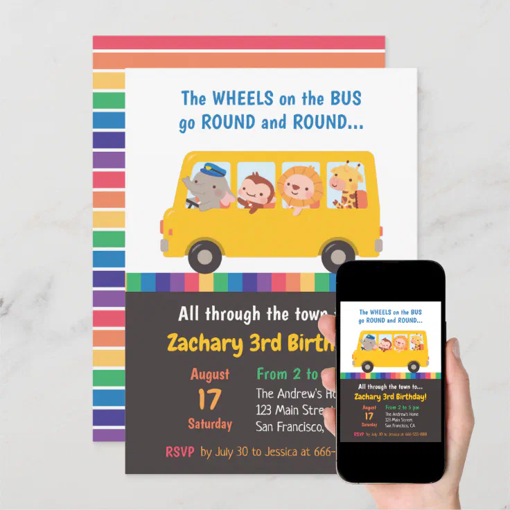 Wheels on the Bus Cute Animals Kids Birthday Party Invitation | Zazzle