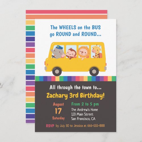 Wheels on the Bus Cute Animals Kids Birthday Party Invitation