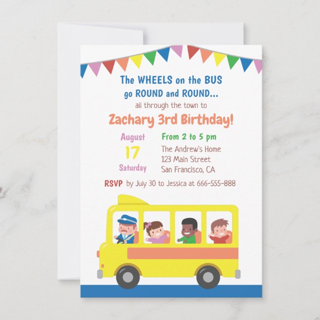 Wheels on the Bus School Bus Kids Birthday Party Invitation (Front)