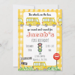 Wheels on the bus yellow kids birthday invitation