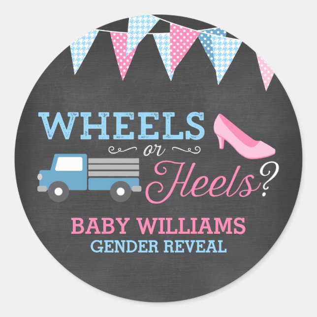 Wheels or Heels Gender Reveal Classic Round Sticker (Front)