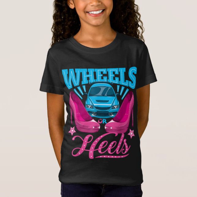 Wheels or Heels Gender Reveal Family T-Shirt (Front)