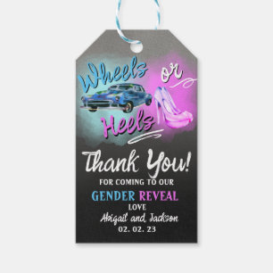 Wheels or Heels gender reveal favor tag. Gift Tags