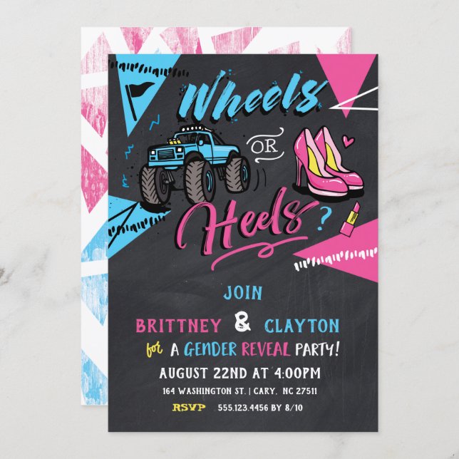 Wheels or heels gender reveal invitation (Front/Back)