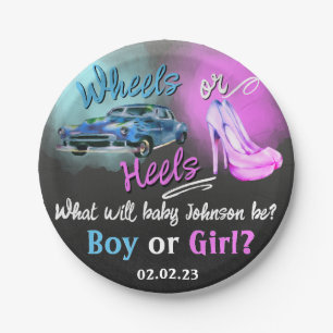 Wheels or Heels gender reveal paper plate. Plates