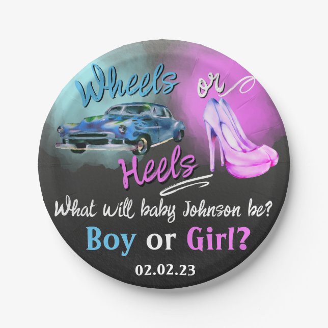 Wheels or Heels gender reveal paper plate. Plates (Front)