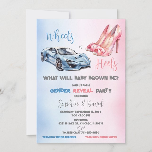 Wheels or Heels Gender Reveal Party Invitation (Front)