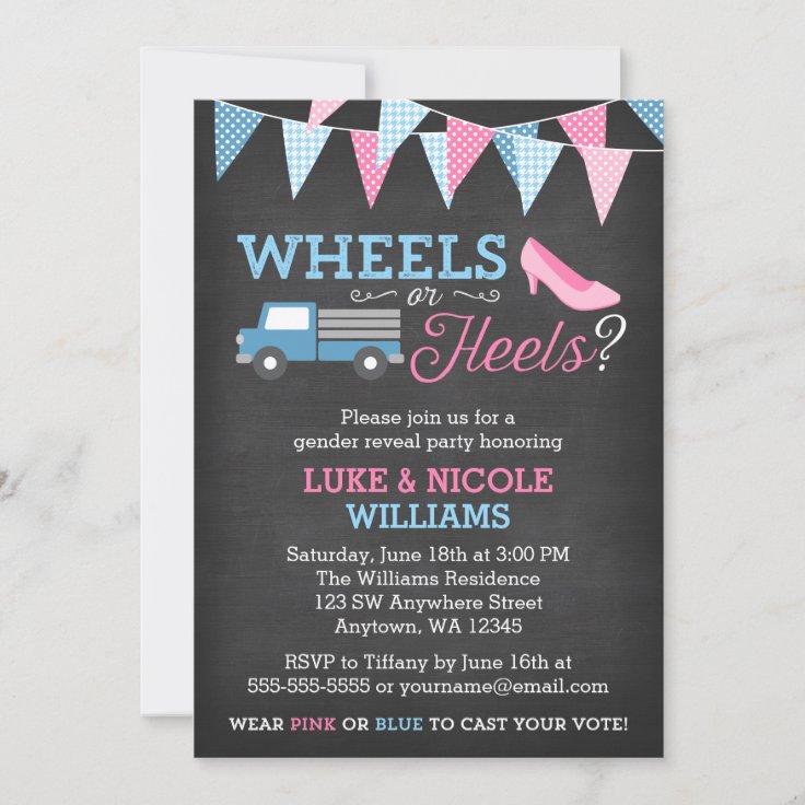 Wheels Or Heels Gender Reveal Party Invitations Zazzle