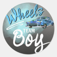 Wheels or Heels gender reveal round sticker.