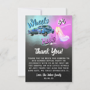 Wheels or Heels gender reveal Thank you Card. Invitation